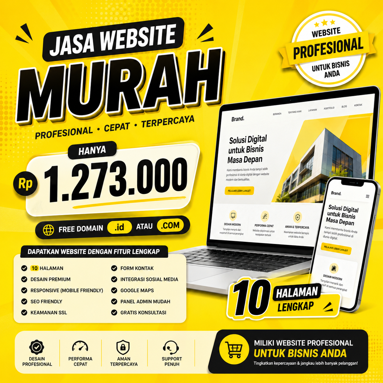 buatkan saya gambar promosi jasa website murah hanya 1.273.000 dengan Domain .id atau .COM profesional memiliki 10 halaman, ukuran konten instagram, WARNA DOMINAN KUNING